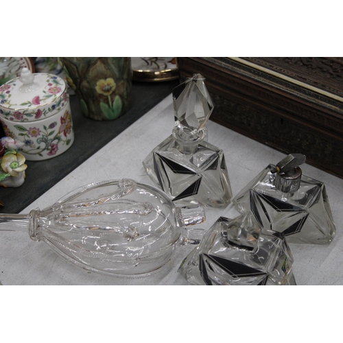 249 - THREE ART DECO STYLE GLASS ITEMS TO INCLUDE SCENT BOTTLES, PLUS A VICTORIAN GLASS FLASK OF BELLOWS S... 