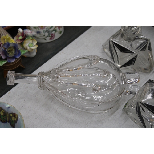 249 - THREE ART DECO STYLE GLASS ITEMS TO INCLUDE SCENT BOTTLES, PLUS A VICTORIAN GLASS FLASK OF BELLOWS S... 