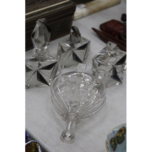 249 - THREE ART DECO STYLE GLASS ITEMS TO INCLUDE SCENT BOTTLES, PLUS A VICTORIAN GLASS FLASK OF BELLOWS S... 