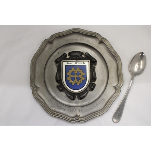 265 - A VINTAGE PEWTER TRAY AND A UNITED STATES NAVY SPOON