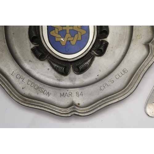 265 - A VINTAGE PEWTER TRAY AND A UNITED STATES NAVY SPOON