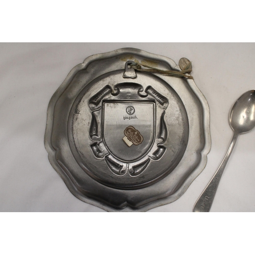 265 - A VINTAGE PEWTER TRAY AND A UNITED STATES NAVY SPOON