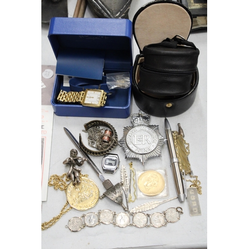 801 - A MIXED LOT TO INCLUDE A BOXED ROTARY WATCH, A BRACELET MADE FROM SIXPENCES, COSTUME JEWELLERY, COIN... 