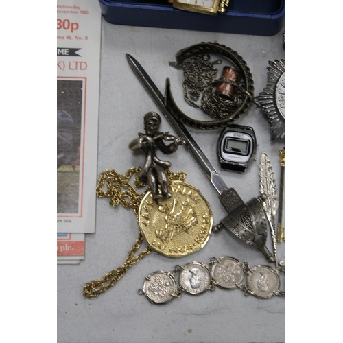 801 - A MIXED LOT TO INCLUDE A BOXED ROTARY WATCH, A BRACELET MADE FROM SIXPENCES, COSTUME JEWELLERY, COIN... 