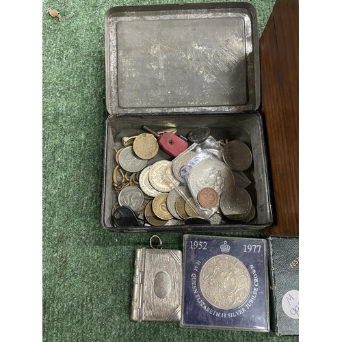 382 - AN INLAID BOX CONTAINING A VESTA CASE, WORLD COINS AND FIVE COMMEMORATIVE CROWNS