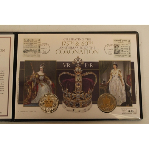 462 - A DOUBLE COMMEMORATIVE COIN COVER CELEBRATING THE QUEEN ELIZABETH II & QUEEN VICTORIA CORONATION ANN... 