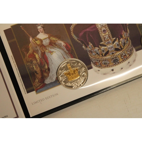 462 - A DOUBLE COMMEMORATIVE COIN COVER CELEBRATING THE QUEEN ELIZABETH II & QUEEN VICTORIA CORONATION ANN... 