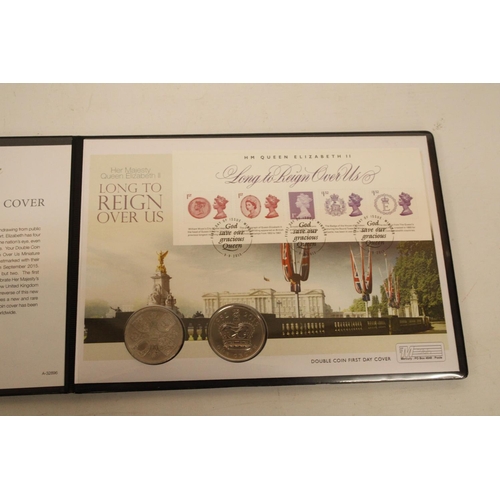 463 - A DOUBLE COIN COVER TO CELEBRATE THE UNITED KINGDOM LONGEST REIGNING MONARCH WITH CERTIFICATE OF AUT... 