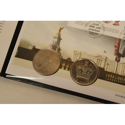 463 - A DOUBLE COIN COVER TO CELEBRATE THE UNITED KINGDOM LONGEST REIGNING MONARCH WITH CERTIFICATE OF AUT... 