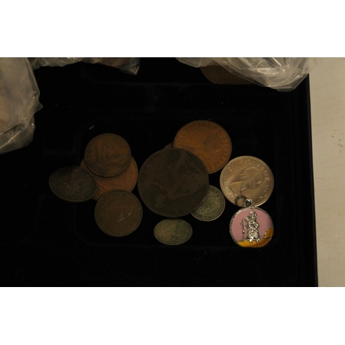 464 - A BOX CONTAINING OLD COINS TO IMCLIDE ONE PENNY PIECES, THREEPENCE, ETC., WITH ISLE OF MAN  AND JERS... 