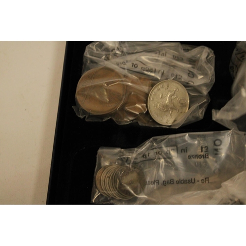 464 - A BOX CONTAINING OLD COINS TO IMCLIDE ONE PENNY PIECES, THREEPENCE, ETC., WITH ISLE OF MAN  AND JERS... 