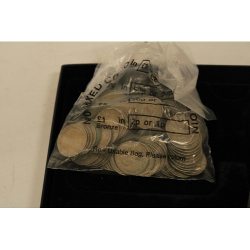 464 - A BOX CONTAINING OLD COINS TO IMCLIDE ONE PENNY PIECES, THREEPENCE, ETC., WITH ISLE OF MAN  AND JERS... 