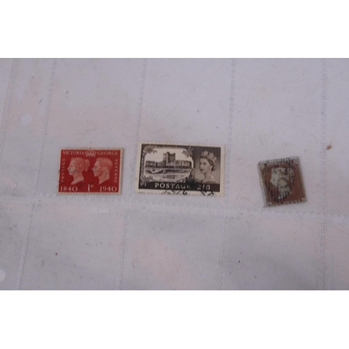 476 - A COLLECTION OF STAMPS TO INCLUDE THREE VICTORIAN PENNY REDS, THREE 5D BLUES ETC