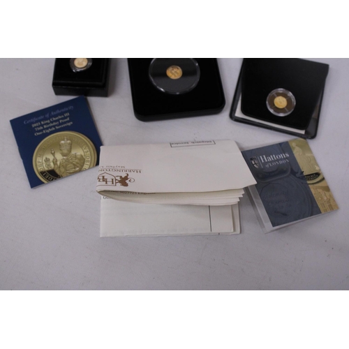 480 - A SELECTION OF THREE GOLD COINS . 2023 QE11 MEMORIAL GOLD PROOF QUARTER LAUREL (ORIGINAL PRICE £199 ... 