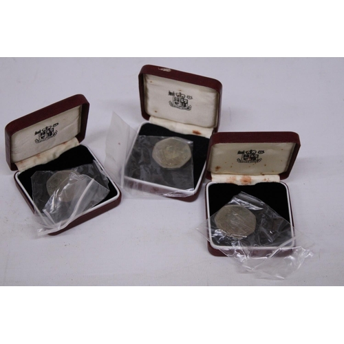 483 - UK , THREE BOXED 1973 SILVER 50P COINS