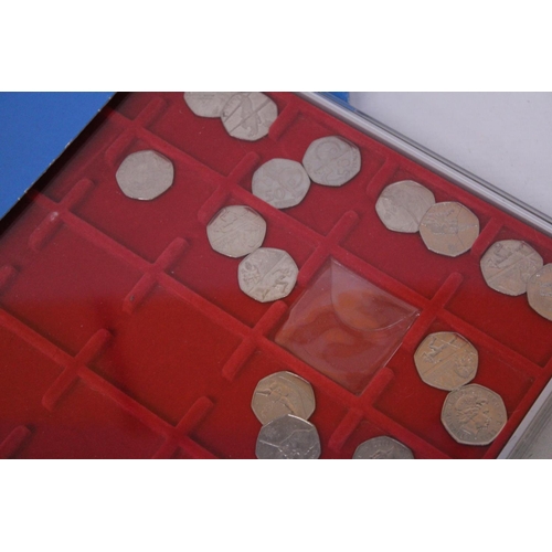 486 - UK 50P COIN COLLECTION ARRANGED IN THREE LINDNER TRAYS  68 IN TOTAL ,UNCHECKED, CAREFUL EXAMINATION ... 