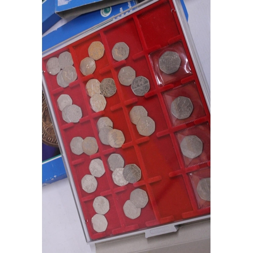 486 - UK 50P COIN COLLECTION ARRANGED IN THREE LINDNER TRAYS  68 IN TOTAL ,UNCHECKED, CAREFUL EXAMINATION ... 