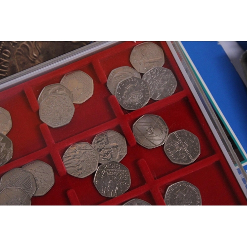 486 - UK 50P COIN COLLECTION ARRANGED IN THREE LINDNER TRAYS  68 IN TOTAL ,UNCHECKED, CAREFUL EXAMINATION ... 