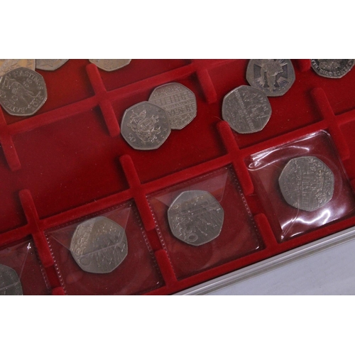 486 - UK 50P COIN COLLECTION ARRANGED IN THREE LINDNER TRAYS  68 IN TOTAL ,UNCHECKED, CAREFUL EXAMINATION ... 