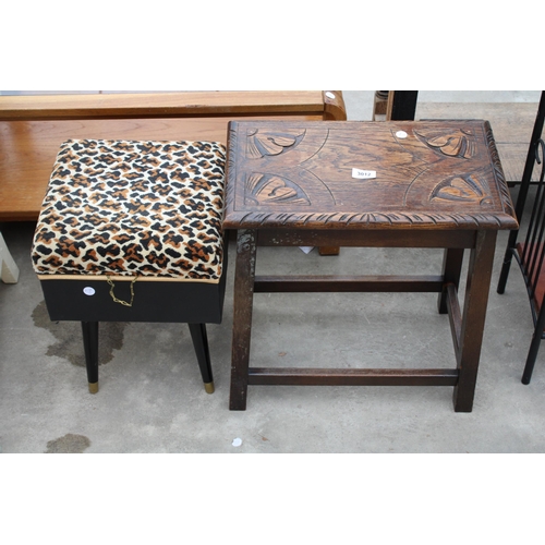 3012 - A JACOBEAN STYLE OAK STOOL AND MODERN STOOL / BOX