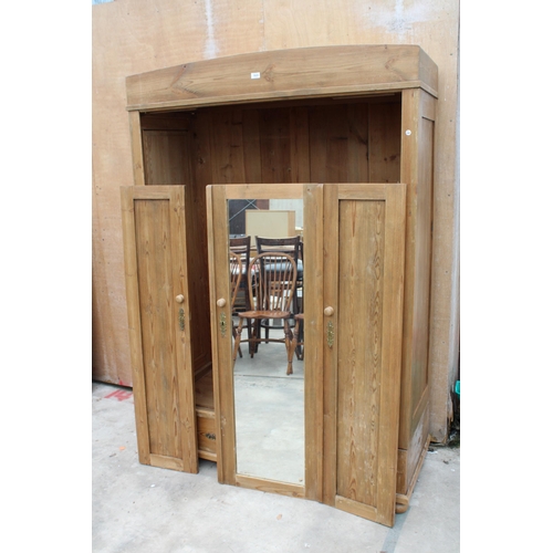 3025 - A PINE CONTINENTAL STYLE MIRROR DOOR WARDROBE WITH TWO DRAWERS TO BASE, 51