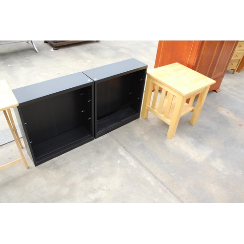 2864 - A MODERN TWO TIER LAMP TABLE AND PAIR OF BLACK SHELVING UNITS