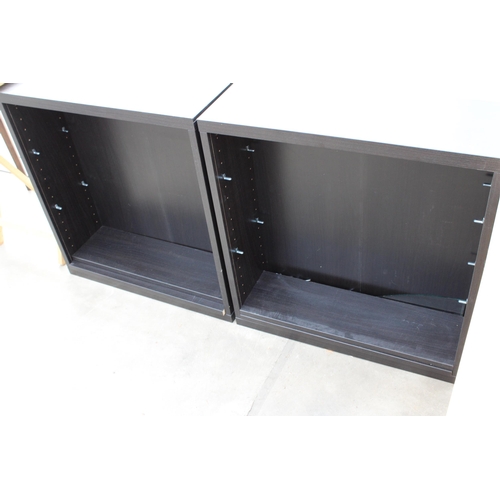 2864 - A MODERN TWO TIER LAMP TABLE AND PAIR OF BLACK SHELVING UNITS