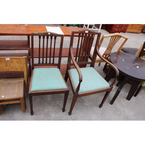 2958 - AN EDWARDIAN MAHOGANY AND INLAID CARVER CHAIR AND MATCHING DINING CHAIR