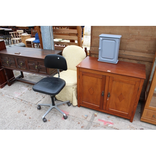 2996 - A SMALL PAINTED WALL CABINET, BEDROOM CHAIR, SWIVEL OFFICE CHAIR AND A TEAK TWO DOOR CABINET