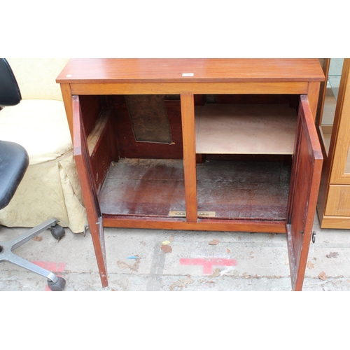 2996 - A SMALL PAINTED WALL CABINET, BEDROOM CHAIR, SWIVEL OFFICE CHAIR AND A TEAK TWO DOOR CABINET