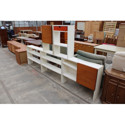 3020 - FIVE VARIOUS WHITE STORAGE SHELVES, TWO WITH TEAK DOORS