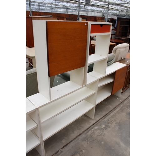 3020 - FIVE VARIOUS WHITE STORAGE SHELVES, TWO WITH TEAK DOORS