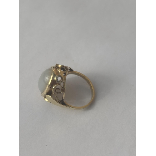 518 - A 14CT GOLD WHITE QUARTZ CABOCHON DRESS RING, SIZE L, WEIGHT 5.11 G, COMPLETE WITH PRESENTATION BOX