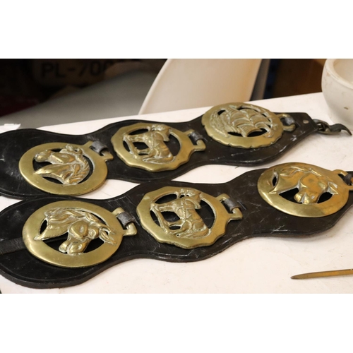 292 - SIX HORSE BRASSES ON LEATHER STRAPS