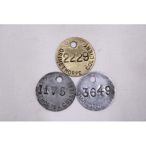 114 - THREE MINERS SAFETY NUMBERED TOKENS - GRIMETHORPE AND SHARLSTON COLLIARYS