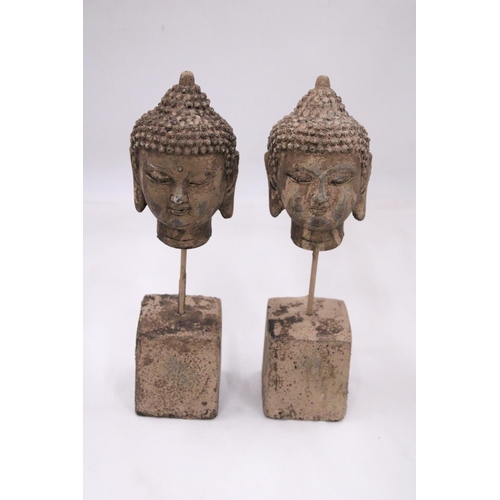 125 - A PAIR OF STONE BUDDHA HEADS ON STANDS