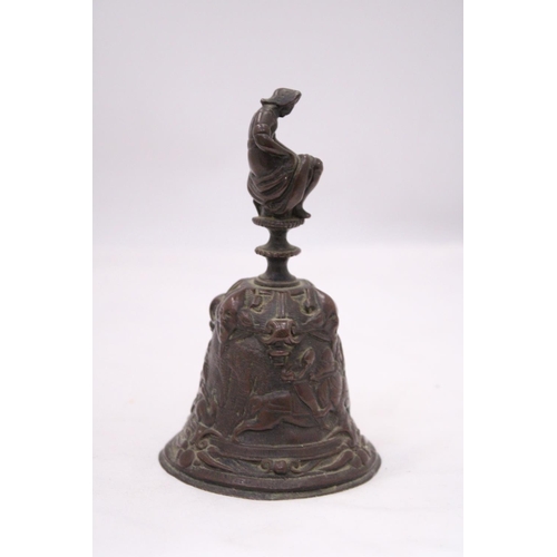 149 - A ORIENTAL BRONZE BELL DEPICTING A HUNTING SCENE AROUND BASE OF BELL