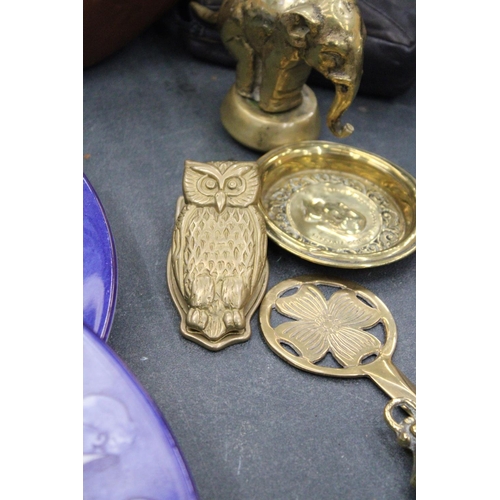 163 - FIVE ITEMS OF VINTAGE BRASS TO INCLUDE HEAVY BRASS ELEPHANT, OWL WALL CLIP, PRINCE ALBERT CONSORT OF... 