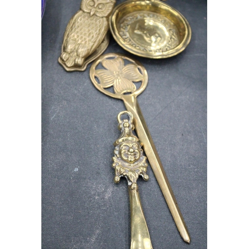 163 - FIVE ITEMS OF VINTAGE BRASS TO INCLUDE HEAVY BRASS ELEPHANT, OWL WALL CLIP, PRINCE ALBERT CONSORT OF... 