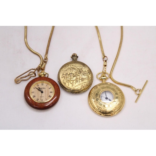 167 - THREE MODERN POCKET WATCHES - TWO ON ALBERT CHAINS