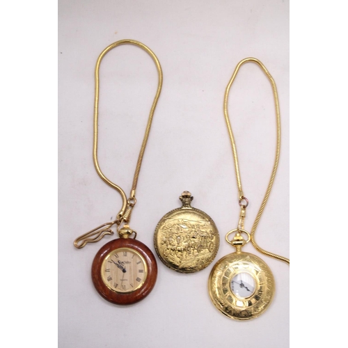 167 - THREE MODERN POCKET WATCHES - TWO ON ALBERT CHAINS