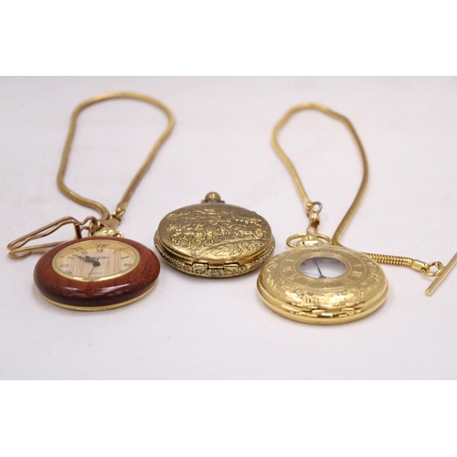 167 - THREE MODERN POCKET WATCHES - TWO ON ALBERT CHAINS