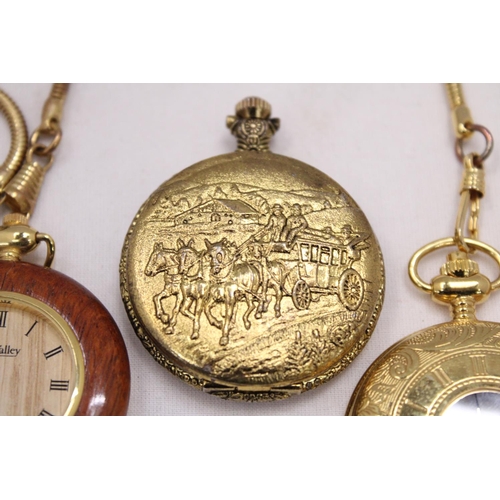 167 - THREE MODERN POCKET WATCHES - TWO ON ALBERT CHAINS