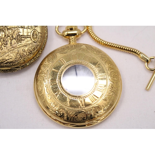 167 - THREE MODERN POCKET WATCHES - TWO ON ALBERT CHAINS