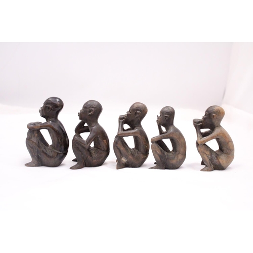 174 - A COLLECTION OF FIVE VINTAGE WOODEN AFRICAN FIGURES