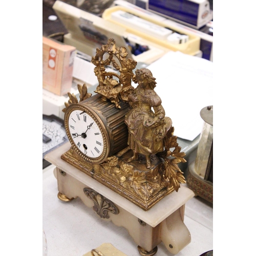 201 - A LATE 19TH CENTURY, FRENCH, GILT MANTLE CLOCK, WITH FIGURE DESIGN