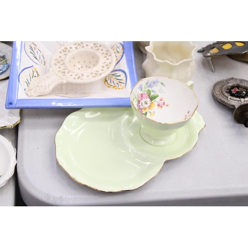 211 - A VINTAGE CHINA FOLET TENNIS CUP AND SAUCER SET PLUS A STUDIO POTTERY SQUARE BOWL