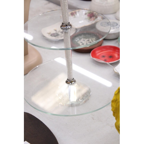 215 - A TWO TIER GLASS CAKE STAND, HEIGHT APPROX 38CM