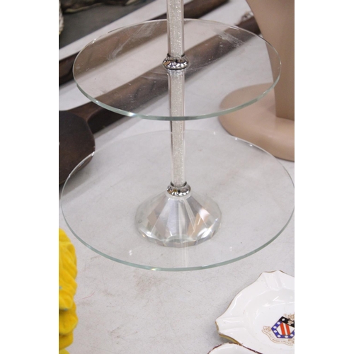 215 - A TWO TIER GLASS CAKE STAND, HEIGHT APPROX 38CM