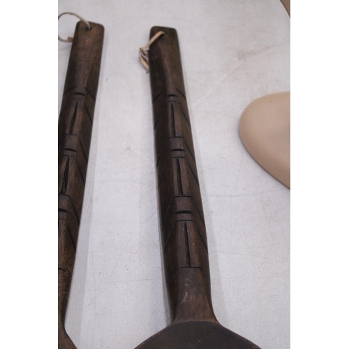 218 - TWO LARGE WOODEN WALL DECORATIONS OF A FORK AND SPOON